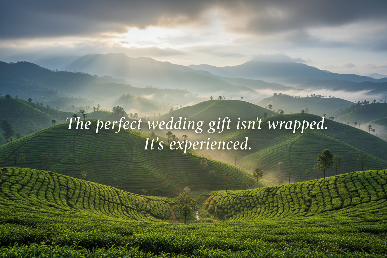 munnar aesthetic view and add caption as The perfect wedding gift isn’t wrapped. It’s experienced.